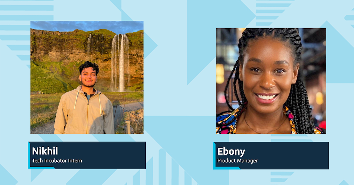 Two pictures of Capital One associates, on the left, Nikhil, Tech Incubator Intern, stands in front of a waterfall, and on the right, Ebony, Product Manager, smiles in front of a blurred city background