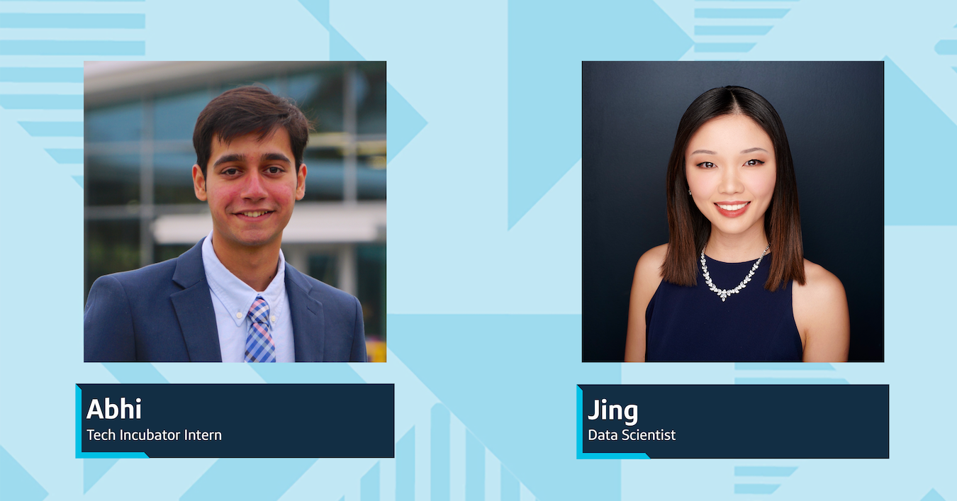 Two pictures of Capital One associates in front of a blue triangular background. On the left, Abhi, Tech Incubator Intern, stands in front of a building wearing a suit and tie, and on the right, Jing, Data Scientist, smiles in front of a dark blue background
