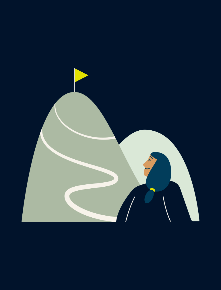 Illustration of an associate looking up at a mountain with flag