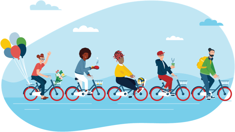 Illustration of people riding bikes together