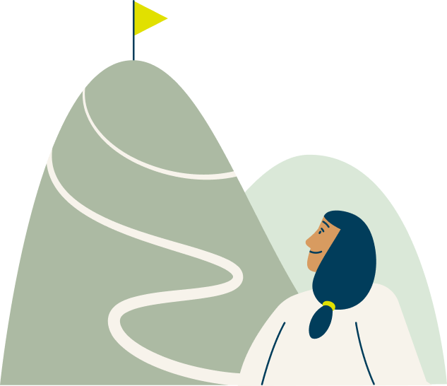 Illustration of an associate looking up at a mountain with flag
