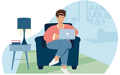 Illustration of woman working on laptop while sitting in an armchair