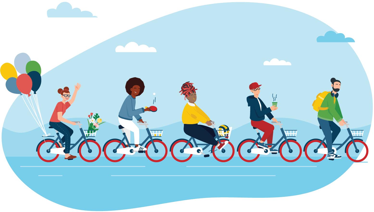 Illustration of group of people on bicycles, riding together.