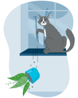 Illustration of a cat knocking a potted plant off a windowsill