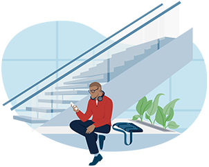 Illustration of man sitting beside an escalator, looking at his phone