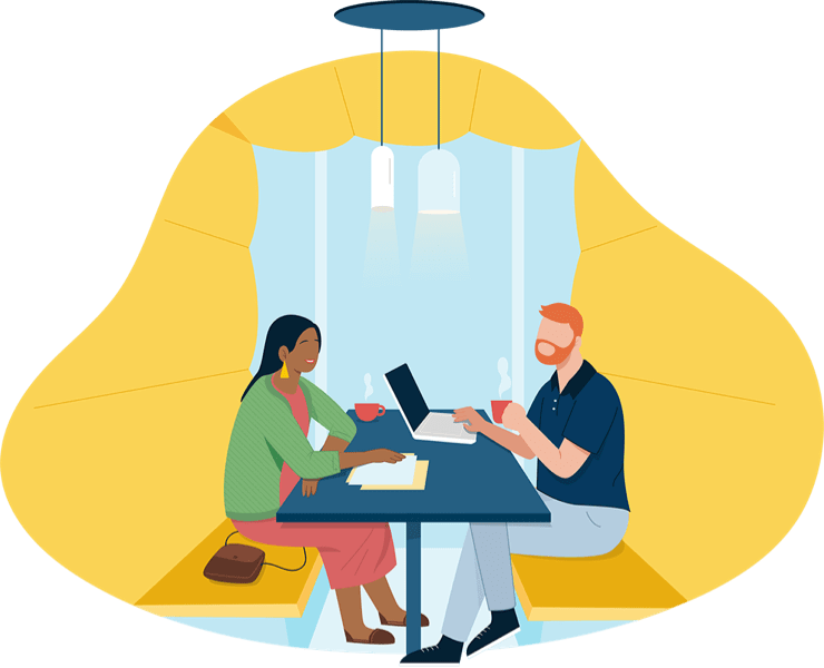 Illustration of two co-workers collaborating at a table in a padded cafe booth