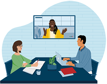 Illustration of two people conducting a virtual meeting with a third person on a TV Screen