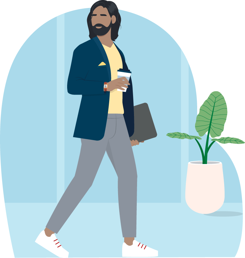 Illustration of man walking with coffee and closed laptop in hand
