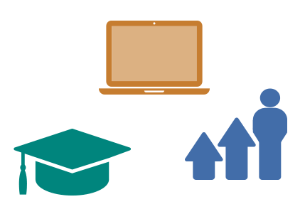 Computer icon. Graduation cap icon. Professional growth icon.