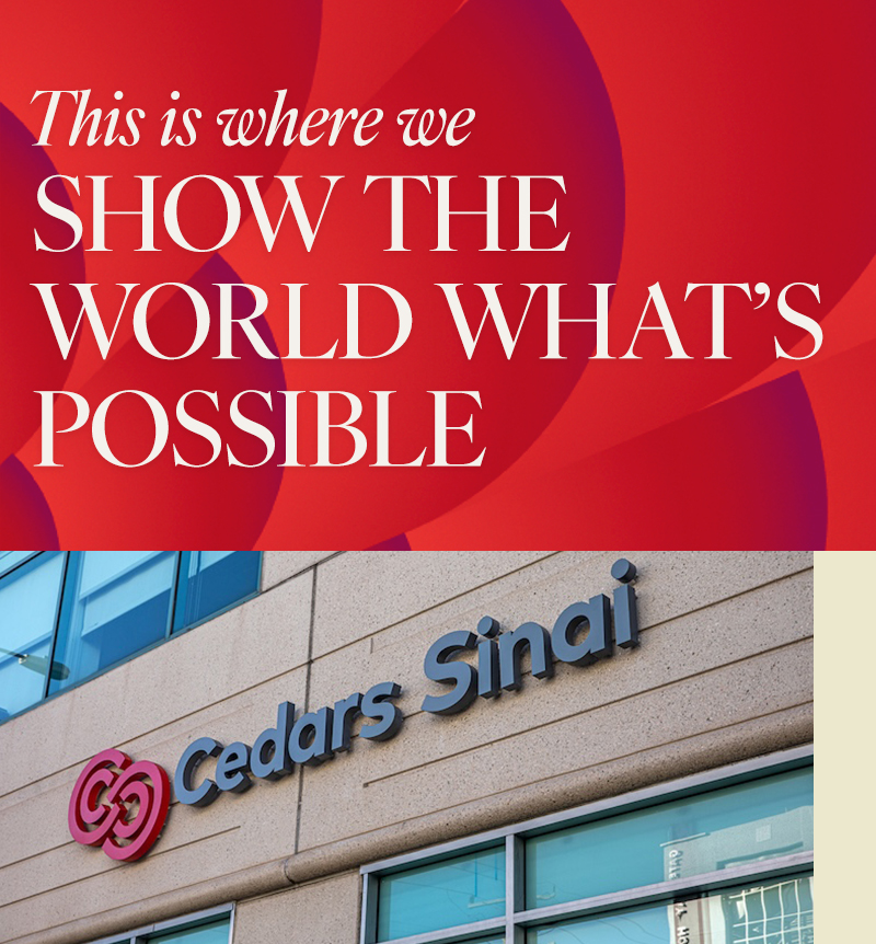 Cedars-Sinai Medical Center building exterior with prominent logo.