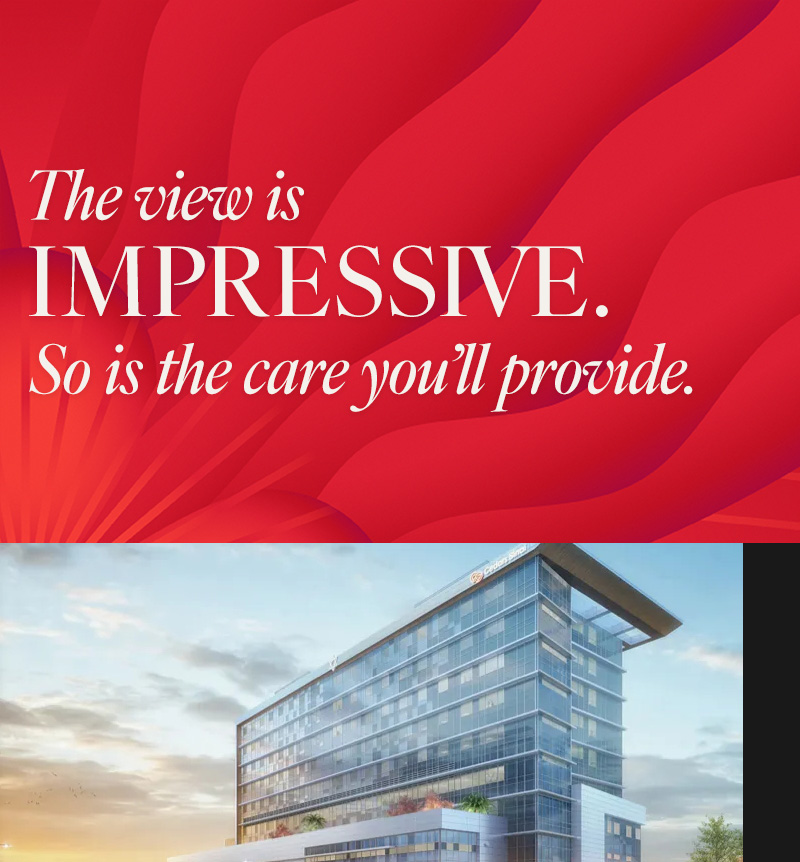 Exterior view of the new Cedars-Sinai Marina del Rey Hospital, a modern, multi-story glass building with a prominent logo, set against a clear sky.