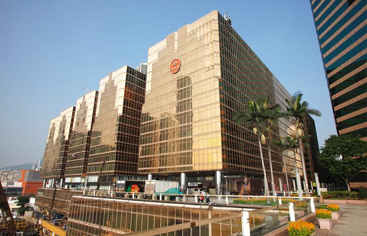 Stout, square buildings with large reflective windows