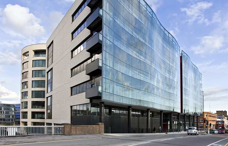 Large glass windows facing a city street