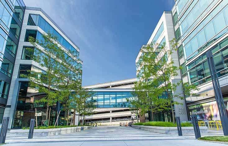 A glass and steel campus with tree-lined walkways