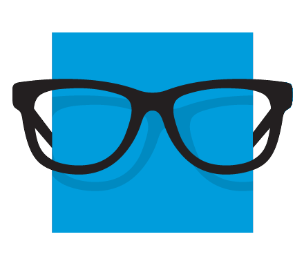 Blue square with glasses icon.