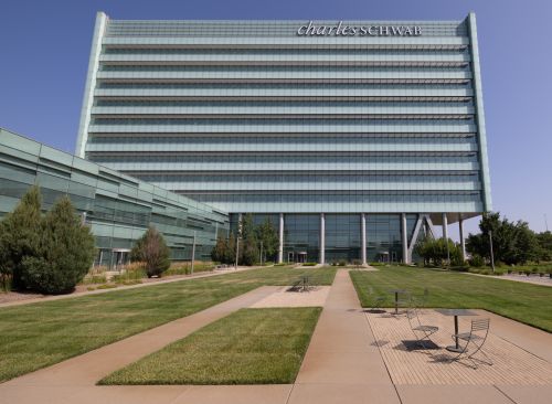 Outdoor seating and Charles Schwab Office Building in Omaha