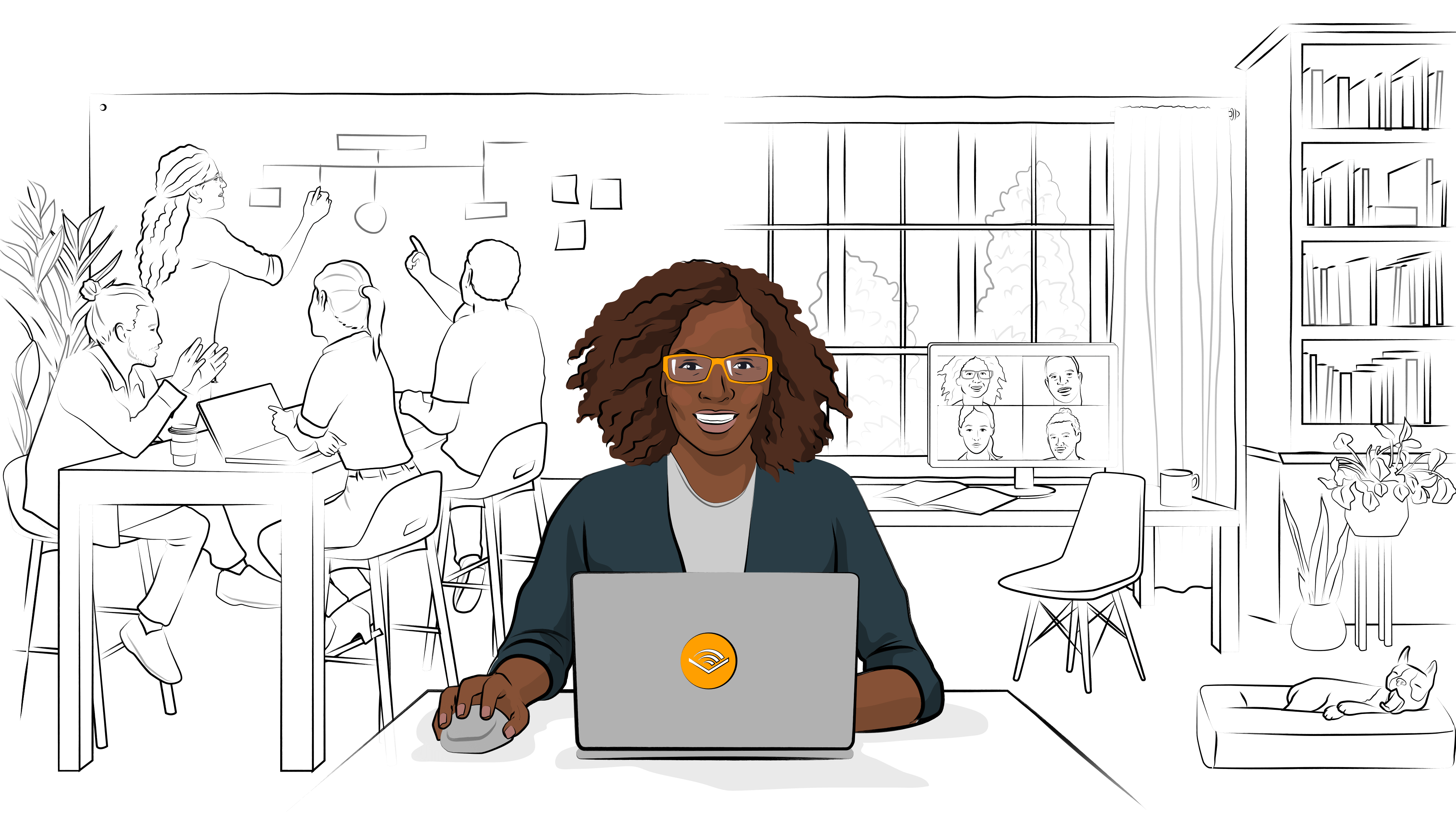Cartoon image of a young woman working at her laptop
