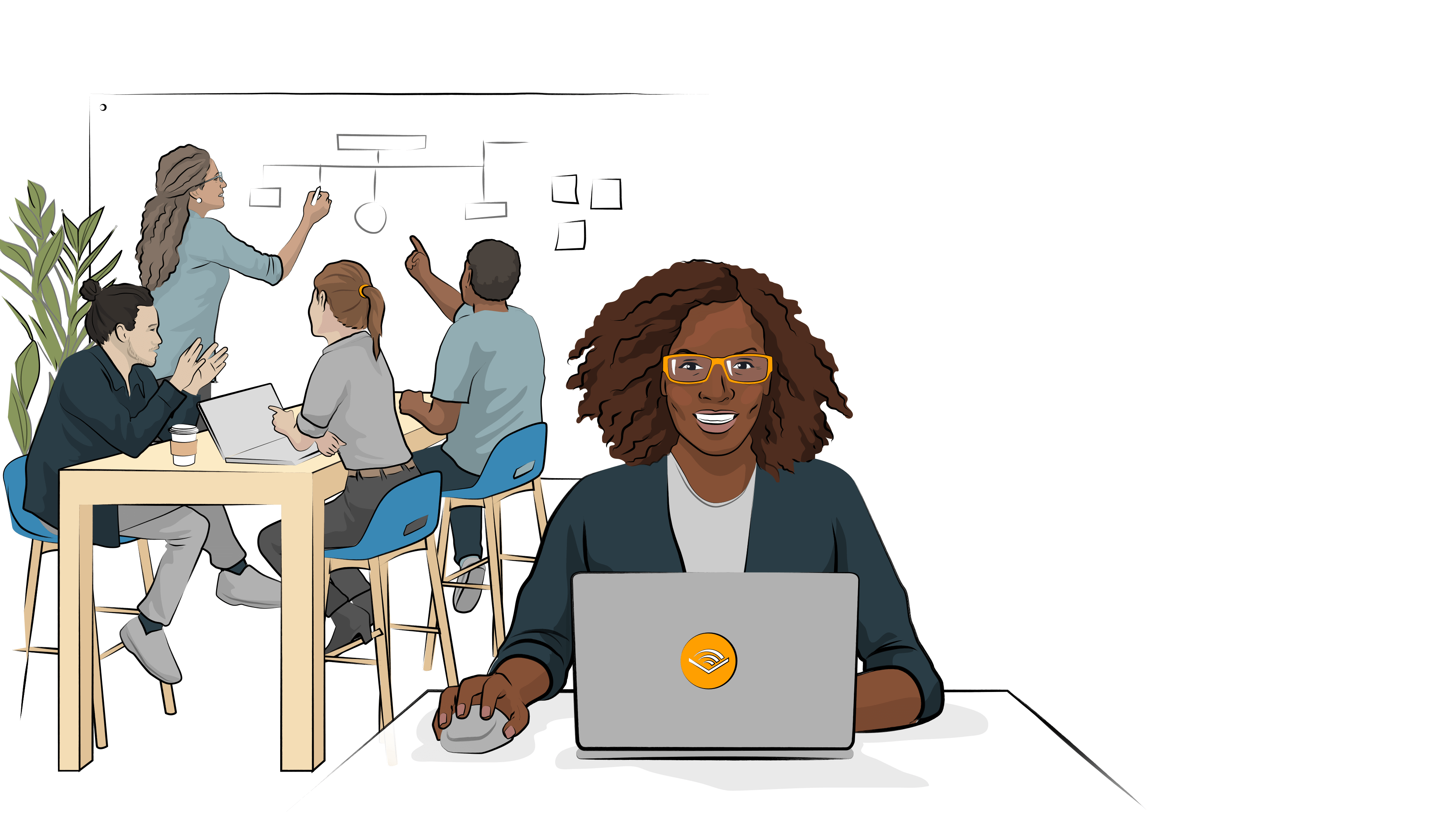 Cartoon image of a young woman working at her laptop