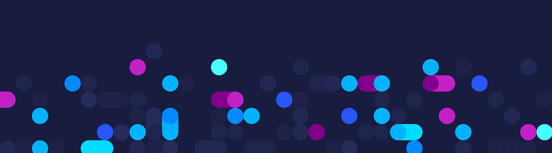 An abstract illustration of multicolor pixels. They are blue and purple and are laid out on a dark blue background.  