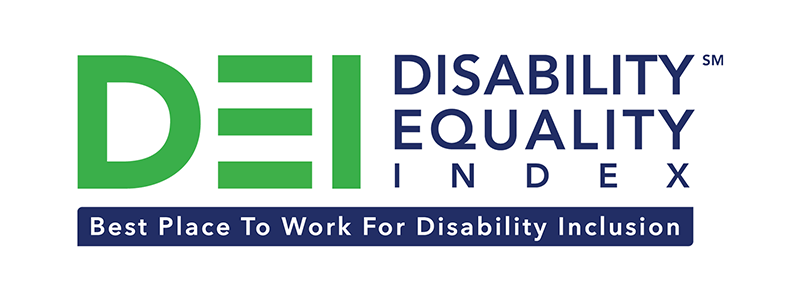 Disability Equality Index (DEI) logo and green text on white background. The logo reads, “Best Place to Work for Disability Inclusion” in white block letters on a blue background. 