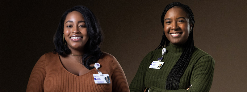 Portrait of Vincia Addams and Karena Brown against a brown background.