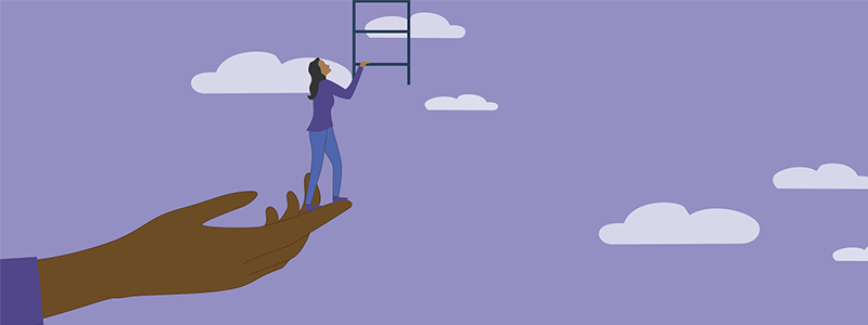 An illustration of a person beginning to climb a ladder. A giant hand is helping them reach the ladder. 