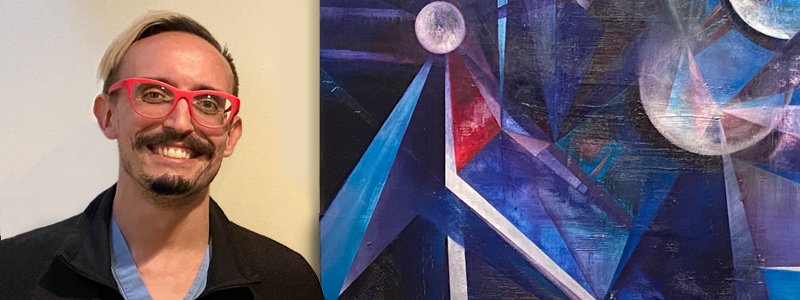 Justin Anthony Fiala, MD standing next to a blue, black, purple, white and pink abstract geometric painting.