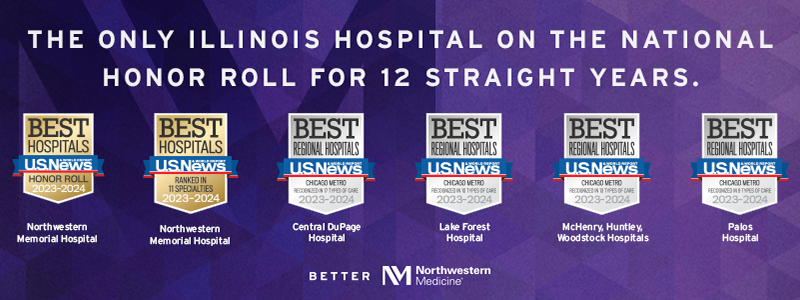 A banner that reads, “The only Illinois hospital on the national Honor Roll for 12 straight years.” There are also badges highlighting each Northwestern Medicine hospital recognized. 