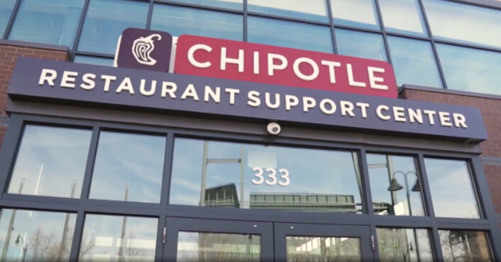 Outdoor photo of the entrance to the Chipotle Restaurant Support Center in Columbus, Ohio.