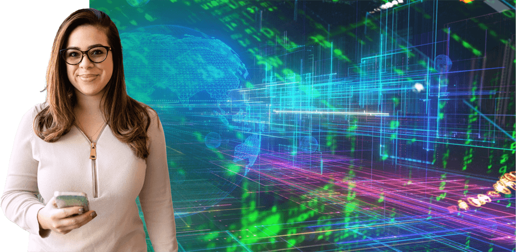 young woman holding a smart phone in front of a digital themed background