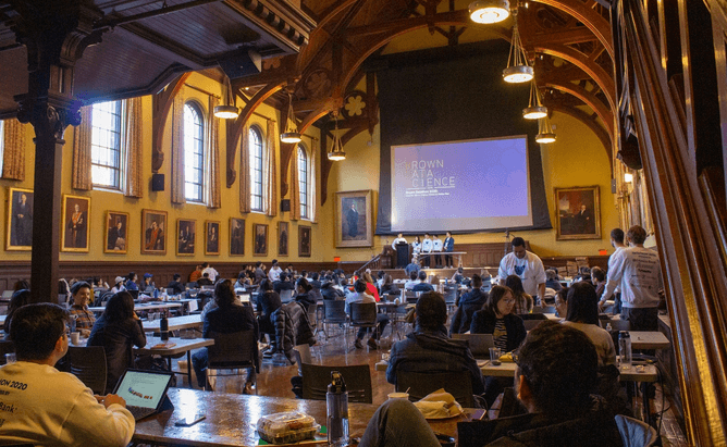 interior of a large crowded hall at Brown University