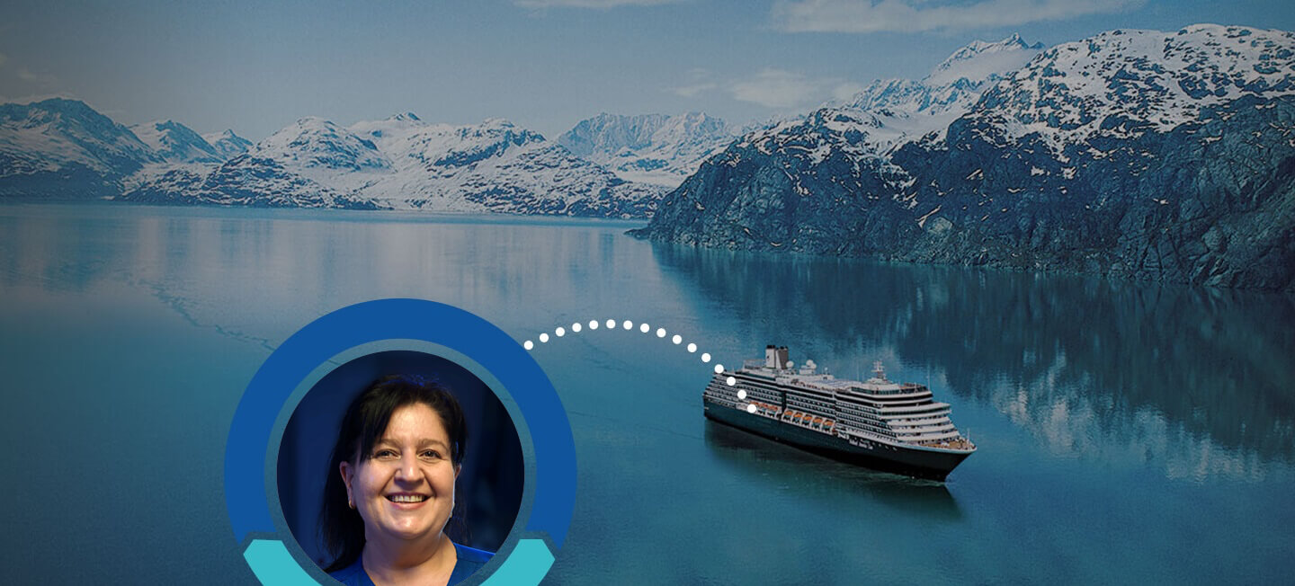 Cruise ship on water with dotted line to female employee profile picture