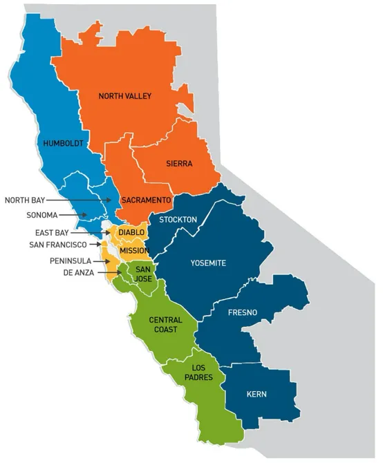 A map, with legend, of PG&E service area territories broken into 5 regions, which are listed under the 'Legend' heading
