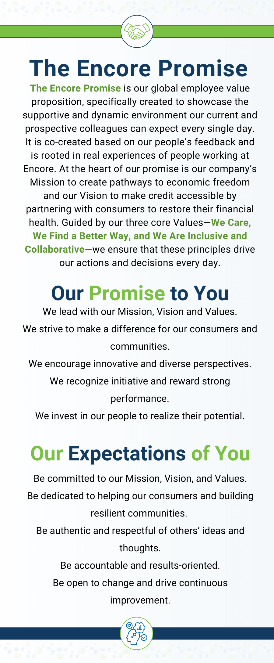 The Encore Promise. The Encore Promise is our global employee value proposition, specifically created to showcase the supportive and dynamic environment our current and prospective collegues can expect every single day.