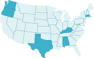 Map of the contiguous United States with six states highlighted: Washington, Oregon, Texas, Alabama, West Virginia, and Massachusetts 