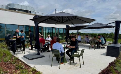 Bright office lounge with window seating