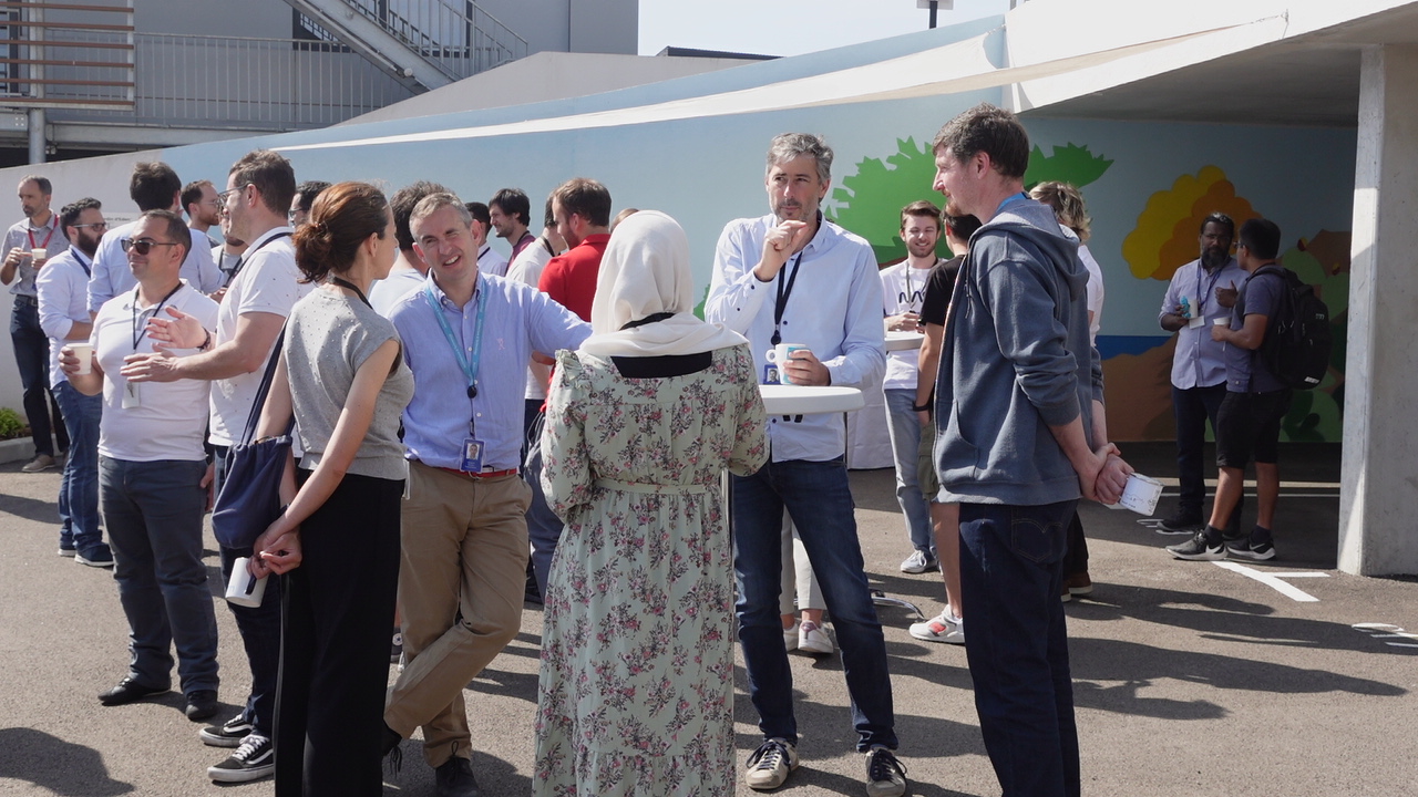 Smiling people networking at an event