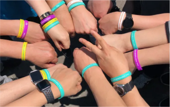Group of hands wearing colorful wristbands