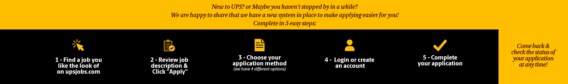 New to UPS? or Maybe you haven't stopped by in a while?  We are happy to share that we have a new system in place to make applying easier for you! 5 Easy Steps: (1) Find a job you like the look of on upsjobs.com (2) Review job description & click 'Apply' (3) Choose your application method (4) Login or create an account (5) Complete your application. Come back & check the status of your application at any time!