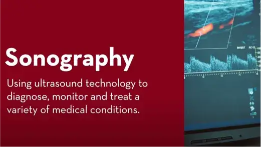 An image that defines Sonography as using ultrasound technology to diagnose, monitor and treat a variety of medical conditions (Video)