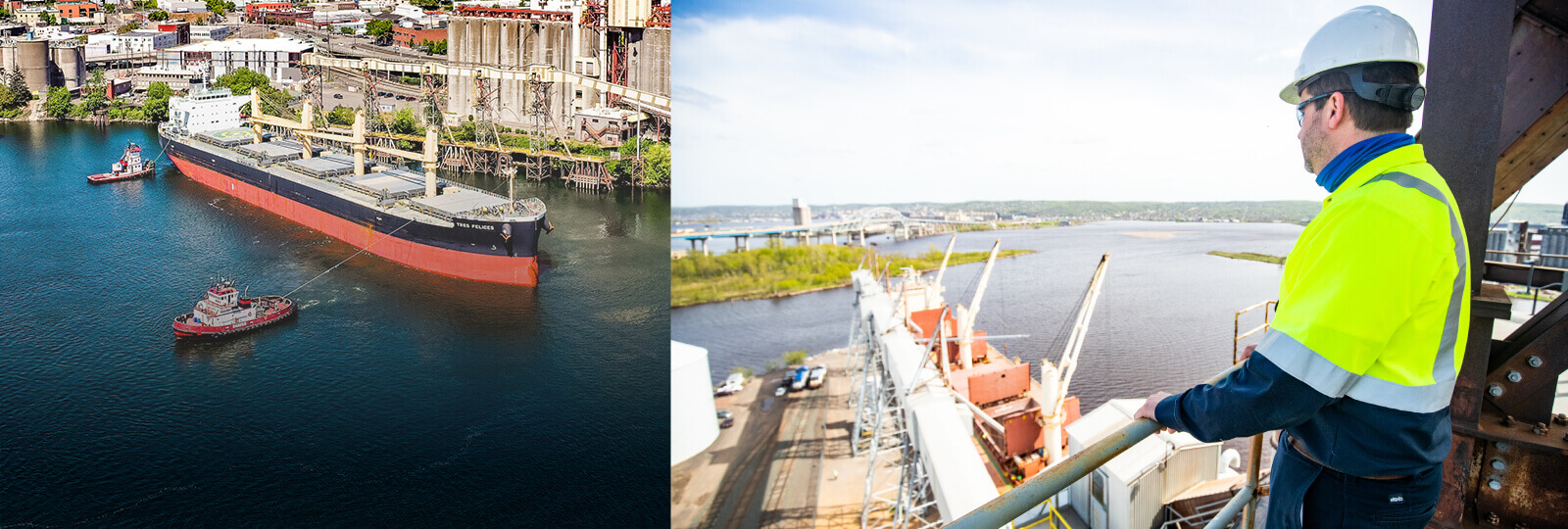 tanker ship on the left and man looking over shipyard