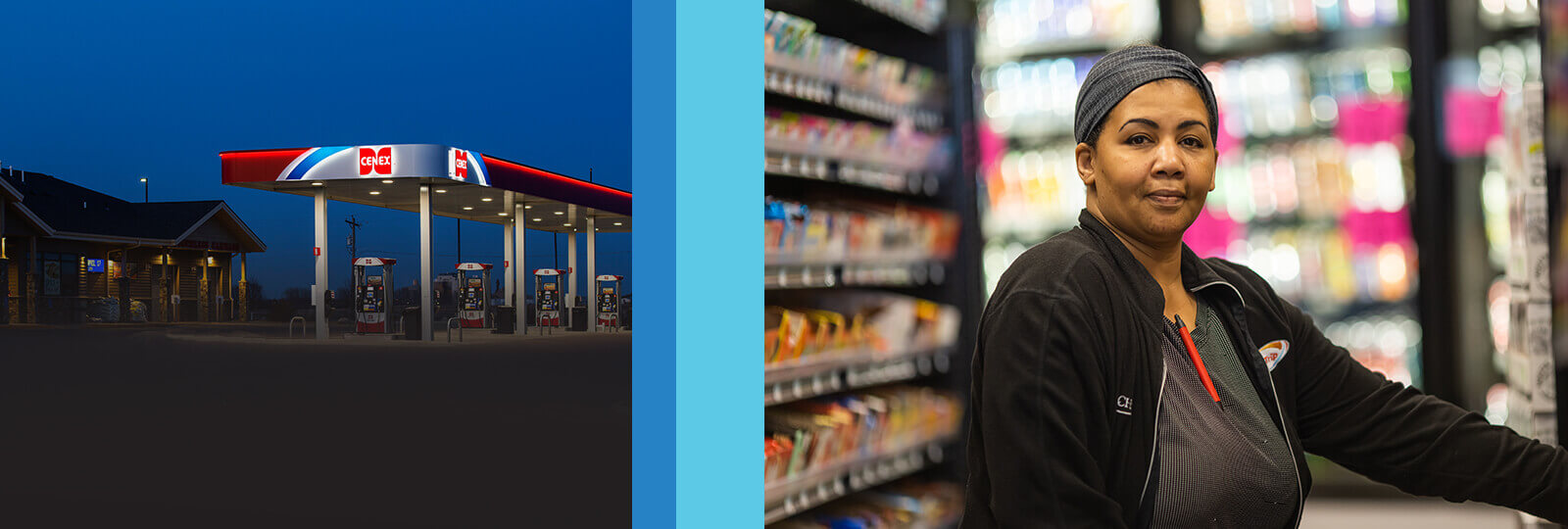 Picture of a gas station and an employee inside of mini mart