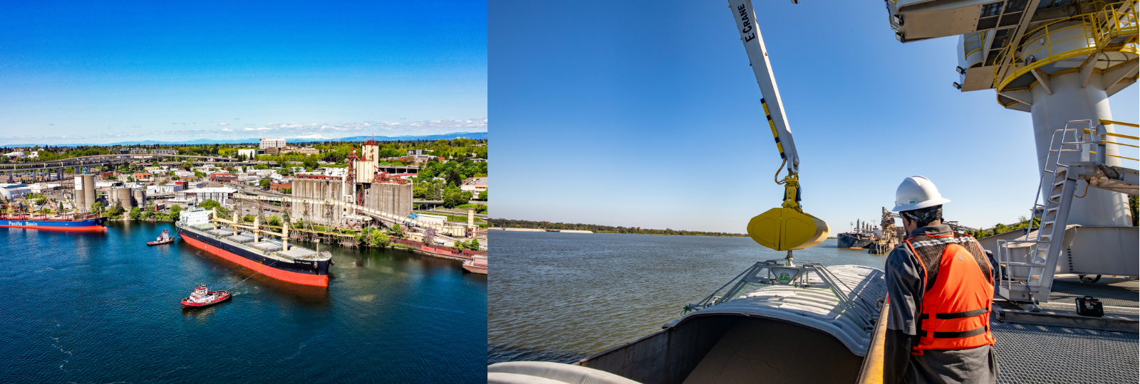 Tanker ship on the left and man looking over shipyard on the right.