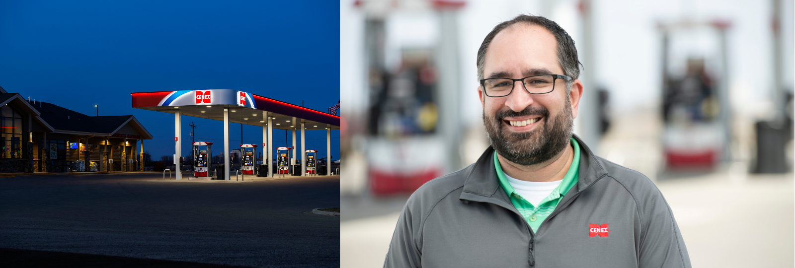 Picture of a gas station and an employee standing outside.