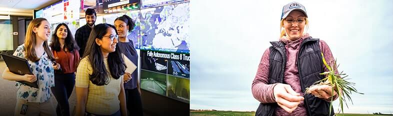 Employees walking through office