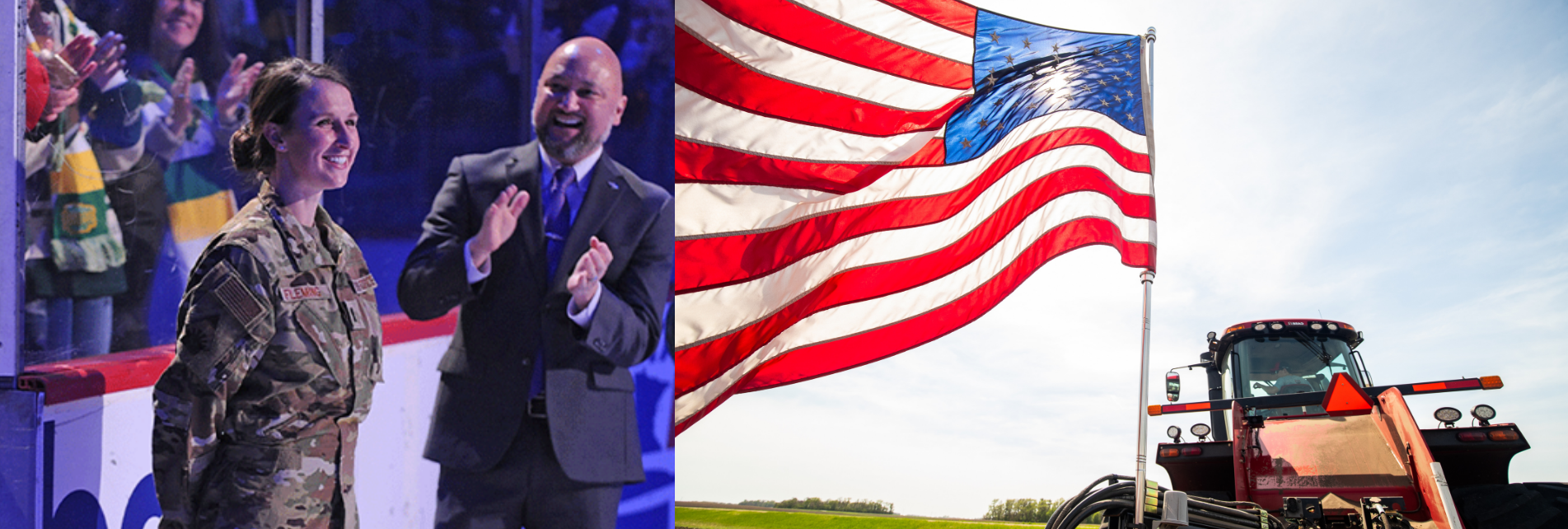 Military service member honored at a public event alongside an American flag flying over farmland with a tractor.