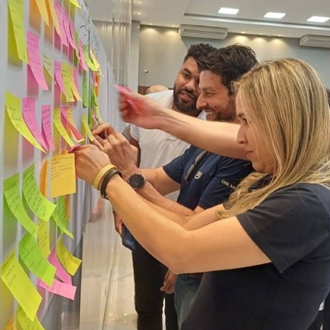 Employees working with sticky notes