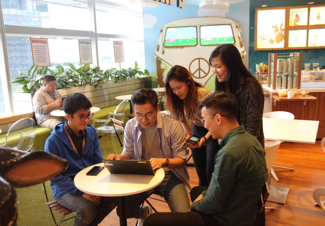 Employees brainstorming in the lounge area