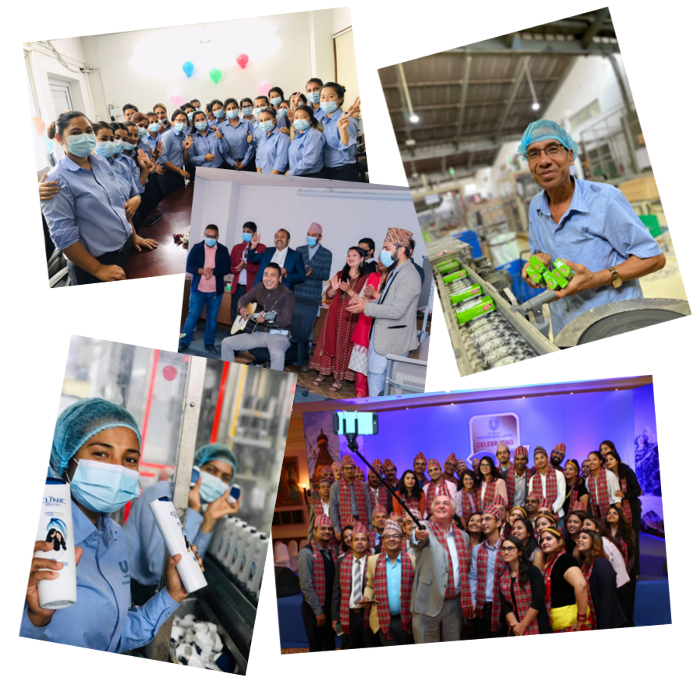 Employees celebrating in the office, Factory employee checking the products, Employees having fun, Factory emplooyees packing the products, Employees posing for a selfie