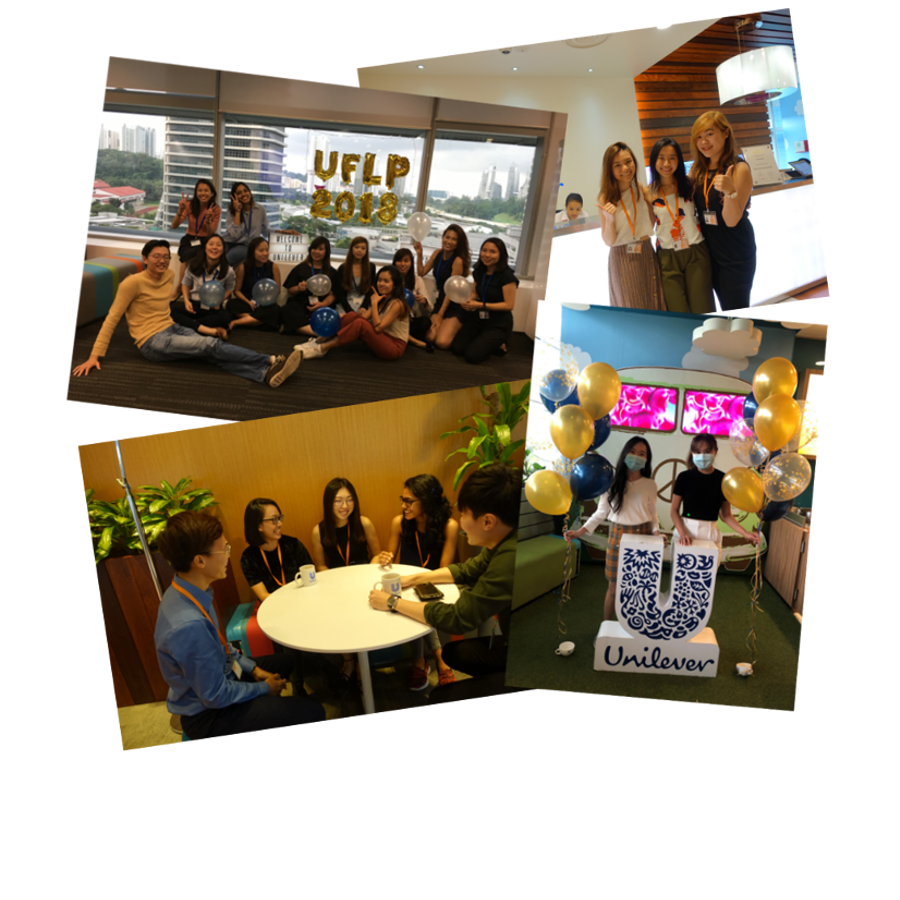 Employees resting in the lounge area, UFLP trainees with employees, Employees discussing, Employees posing next to Unilever logo
